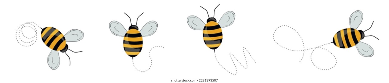 Set of cartoon bee mascot. A small bees flying on a dotted route. Wasp collection. Vector characters. Incest icon. Template design for invitation, cards. Doodle style.