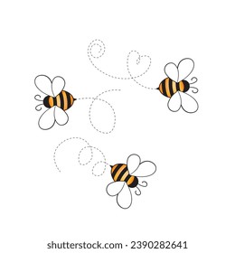 Set of cartoon bee mascot. A small bees flying on a dotted route. Wasp collection. Vector characters. Incest icon. Template design for invitation, cards. Doodle style.