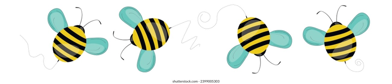 Set of cartoon bee mascot. A small bees flying on a dotted route. Wasp collection. Vector characters. Incest icon. Template design for invitation, cards. Doodle style.