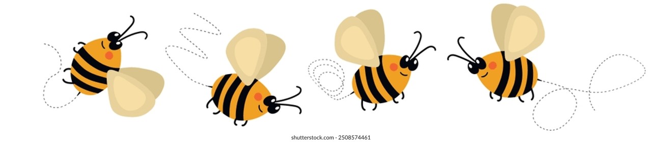 Conjunto de mascota de abeja de dibujos animados. Una Pequeña abeja volando por una ruta salpicada. Colección de avispa. Personajes de Vector. Icono de incesto. Diseño de Plantilla para invitación, tarjetas. Estilo Doodle.