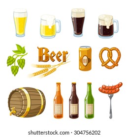 Set of cartoon beer stuff: mugs, bottles, hop cones, barley, keg, pretzel and sausages. Vector illustration, isolated on white, eps 10.