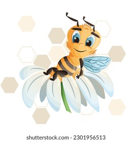 Set of cartoon bees. A character with joyful, angry, sad emotions. With a jar of honey, with a flower, in the rain. Vector illustration with honeycombs on the background.