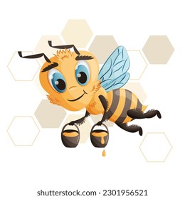 Juego de abejas con dibujos animados. Un personaje con emociones alegres, enojadas y tristes. Con un frasco de miel, con una flor, bajo la lluvia. Ilustración vectorial con peines de miel en el fondo.