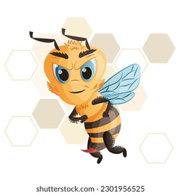 Set of cartoon bees. A character with joyful, angry, sad emotions. With a jar of honey, with a flower, in the rain. Vector illustration with honeycombs on the background.