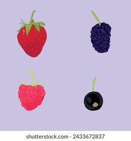 Set of cartoon berries on a purple background.For games posters magazine backgrounds.Strawberries mulberries currants raspberries.EPS 10.Vector illustration.