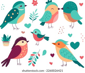 set of cartoon bird on plant background isolated, vector