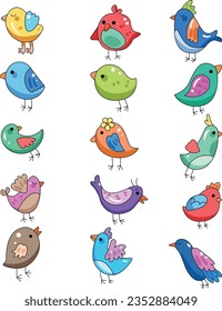 set of cartoon birds; Bright and simple vector illustration, isolated design elements; editable material