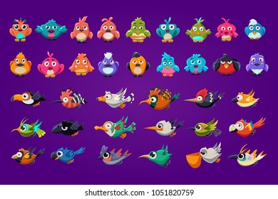 Set of cartoon birds. Funny creatures with big shiny eyes. Gaming assets. Colorful graphic elements for computer or mobile game interface. Flat vector icons