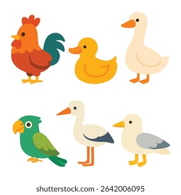 Set of cartoon birds including rooster, duck, goose, parrot, stork, and seagull. Flat colorful illustration on white background. Bird species and avian animals concept. Design for sticker, card