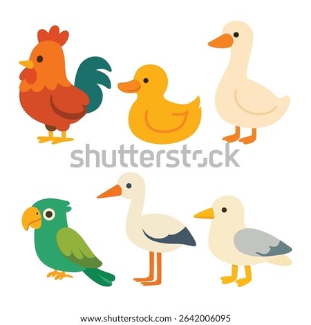 Set of cartoon birds including rooster, duck, goose, parrot, stork, and seagull. Flat colorful illustration on white background. Bird species and avian animals concept. Design for sticker, card