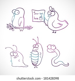 Set of cartoon birds and insects