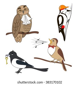 Set of cartoon birds. Owl, woodpecker, magpie, nightingale.