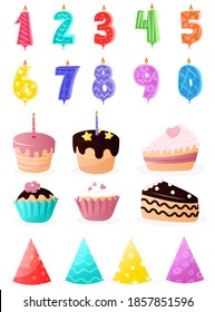 Set of cartoon birthday party and decoration elements. Cartoon birthday decoration set balloons, flags,  gifts, candles, bows and decorative ribbons. Vector illustration