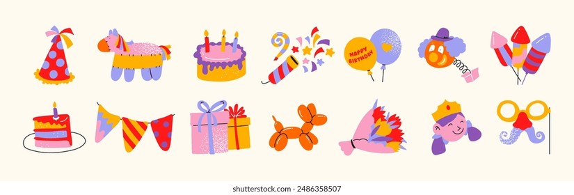 Set Cartoon Geburtstags-Aufkleber. Festliche Musik Geschenke, Luftballons, Kuchen. Retro Geschenke, Feier Labels.Funky Hipster Aufkleber im 90er Jahre Stil. Vektorgrafik Happy Birthday Set, trendige Promo-Etiketten	