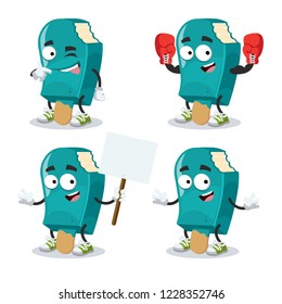 set of cartoon bitten blue ice cream on a stick character mascot on white background