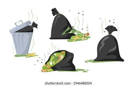 Juego de caricaturas: bolsas negras y basureros con basura y basura. Ilustración vectorial plana. Recolección de residuos plásticos y de comida en el basura sucia de ciudad abierta. Medio ambiente, contaminación, concepto de ecología