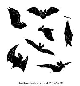 Set of cartoon black bat in different stance on a white background. Hand drawing. Design elements.