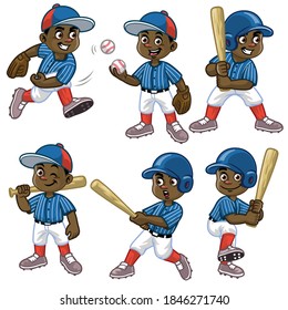 Set Cartoon Of Black Boy Baseball Player