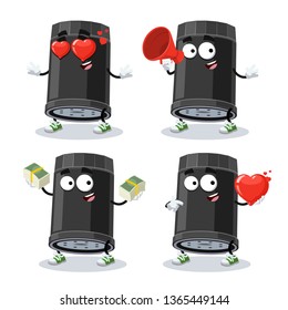 set of cartoon black car oil filter character mascot on white background