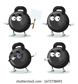 set of cartoon black cast iron kettlebell character mascot on white background
