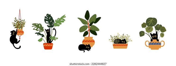 Set cartoon black cat in a pot with houseplants. Funny pets vector scene. A cheerful cat hides behind a flower pot, hooligans, jumps on plants.