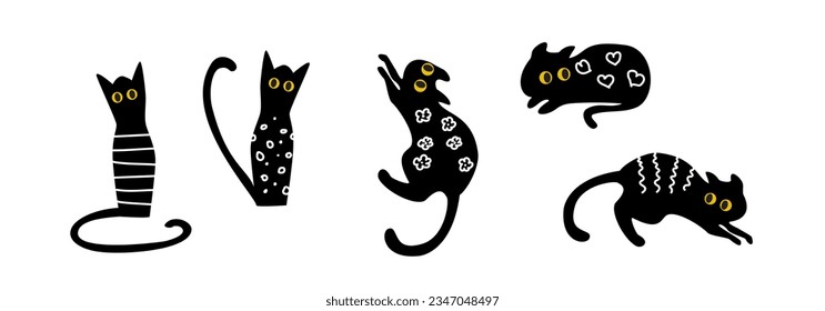 Set cartoon black cat in a pot with houseplants. Funny pets vector scene. A cheerful cat hides behind a flower pot, hooligans, jumps on plants.