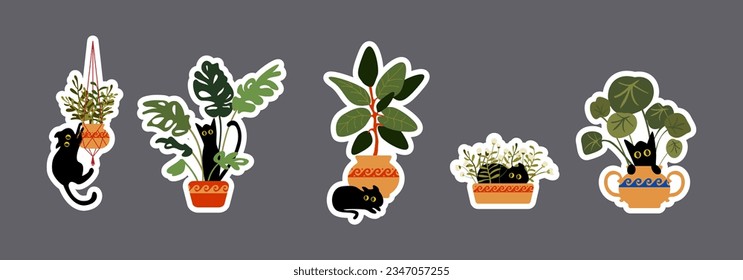 Set cartoon black cat in a pot with houseplants. Funny pets vector scene. A cheerful cat hides behind a flower pot, hooligans, jumps on plants.