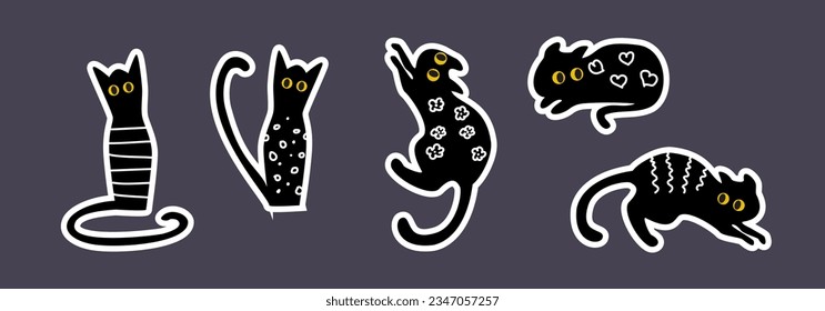 Set cartoon black cat in a pot with houseplants. Funny pets vector scene. A cheerful cat hides behind a flower pot, hooligans, jumps on plants.