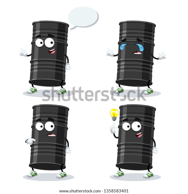 set of cartoon black metal oil barrel\
character mascot on white\
background