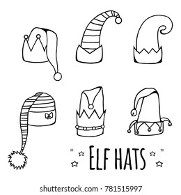 Set of cartoon black and white elf hats. Vector element for your creativity