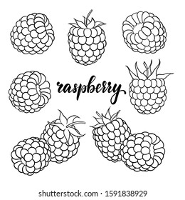 set of cartoon black and white outline raspberry, with lettering text raspberry. design for holiday greeting card and invitation of seasonal summer holidays, beach parties, tourism and travel.