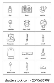 Set of cartoon black and white school supplies with names.