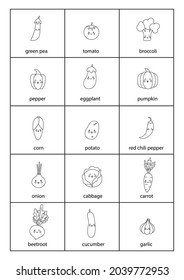 Set of cartoon black and white vegetables with names.