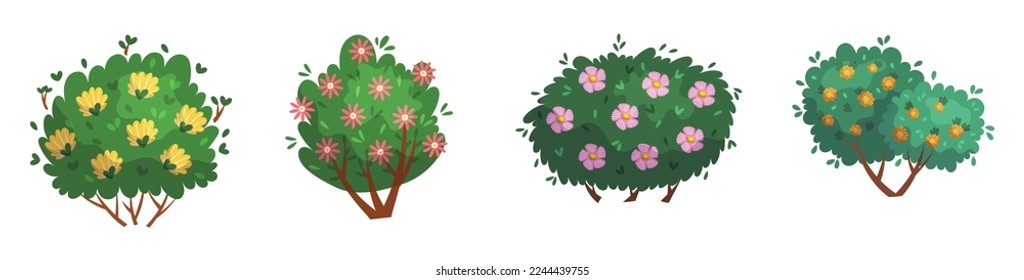 Set of Cartoon Blooming Forest or Garden Trees. Isolated Game Assets, Decorative Landscape Plants And Shrubs with Flowers. Natural Park 2d Objects With Trimmed Bloom Crown. Vector Illustration, Icons