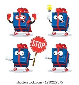 set of cartoon blue box with a gift character mascot on white background