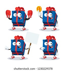 set of cartoon blue box with a gift character mascot on white background