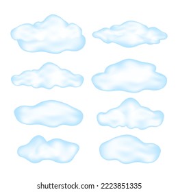 Set of cartoon blue clouds isolated on white background. Various realistic clouds. Vector illustration.