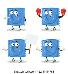set of cartoon blue condom pack character mascot on white background
