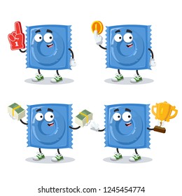 set of cartoon blue condom pack character mascot on white background