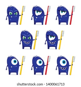 Set of Cartoon blue monster with toothbrush. Bacteria with large eye, teeth, hands, feet. Microorganism on a white background. 