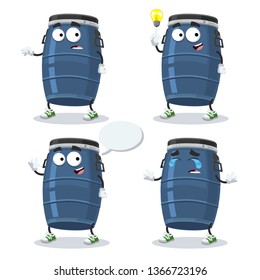 set of cartoon blue plastic storage barrel character mascot on white background