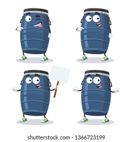 set of cartoon blue plastic storage barrel character mascot on white background