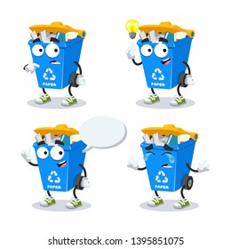 set of cartoon blue recycle garbage can with paper character mascot on white background