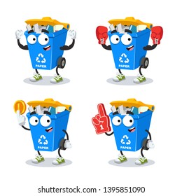 set of cartoon blue recycle garbage can with paper character mascot on white background