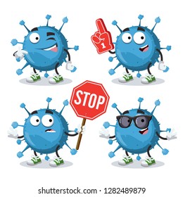 set of cartoon blue virus cell character mascot on white background