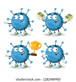 set of cartoon blue virus cell character mascot on white background