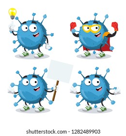 set of cartoon blue virus cell character mascot on white background