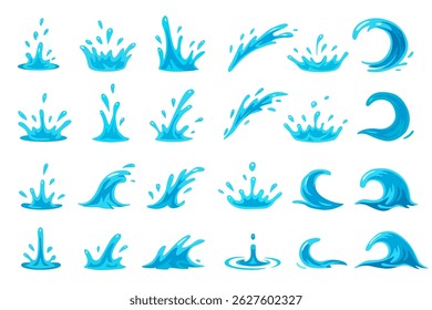 Set of cartoon blue water splashes, drops and ocean waves isolated on white background. Vector collection for animation, game effects, UI design or children's illustrations.