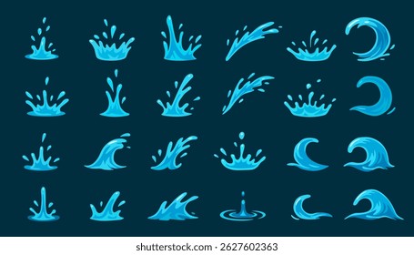 Set of cartoon blue water splashes, drops and ocean waves isolated on dark background. Vector collection for animation, game effects, UI design or children's illustrations.