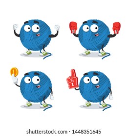 set of cartoon blue wool yarn ball character mascot on white background
